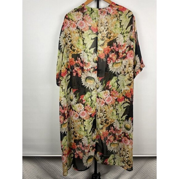 See You Monday Black Multicolor Floral Sheer Open Front Short Sleeve Kimono - Picture 5 of 5